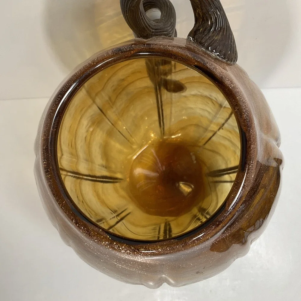 Vintage Tall Pier One Amber & gold swirl glass pumpkin vase with long curly stem